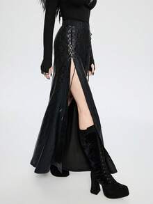 Breakform 女式哥特式性感鳄鱼压纹针织拼布装饰皮革孔眼系带高开衩裙 - 黑色 - 查看 6