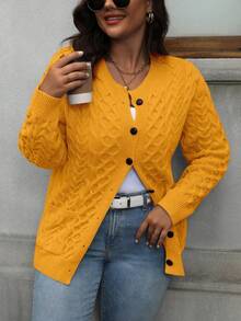 大码女式休闲纯色纽扣长袖开衫 - 黃色 - 查看 3