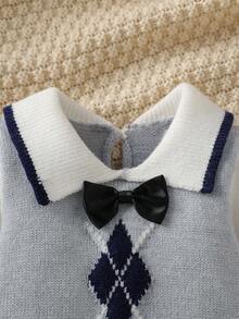 Newborn Baby Casual Fashion Cute Diamond Pattern White, Gray, Navy Blue Knitted Striped Bodysuit, Soft & Comfortable, Suitable For Daily, Outdoor, Travel, Holiday, Home, Daycare, Playtime, Autumn/Winter, Christmas, Back To School, Party, All-Match Airplane Captain Outfit For Baby Boy Knitted Baby Boy Outfit Baby Boy Sweater Set Sapphire Suit For Baby Boy Baby Sailor Navy Outfit Argyle Baby Boy Outfit Baby Boy Argyle Sweater Baby Boy Navy Suit Baby Sweater Baby Boy Argyle Outfit - Royal Blue - View 10
