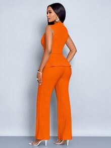 SOLERSUN 女款杏色优雅V领长袖T恤阔腿裤两件套不对称下摆两件套日常休闲女装春夏无袖短袖 - 橘色 - 查看 2