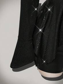 SHEIN ICON Y2K露肩褶皱前片不对称下摆亮片衬衫 - 黑色 - 查看 7