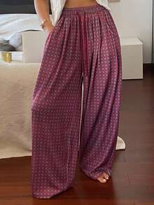 DAZY Plaid Loose Drawstring Waist Wide Leg Women Lounge Pants - Burgundy - View 1