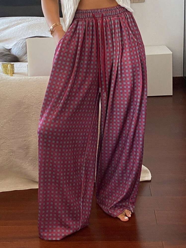 Plaid Loose Drawstring Waist Wide Leg Women Lounge Pants
