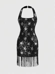 ROMWE Avant Star Sequin Tassel Fitted Mini Dress For Party - Black - View 1