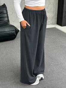 SHEIN EZwear 大码保暖抓绒抽绳腰宽松休闲裤 - 灰色 - 查看 3