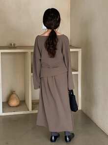 DAZY 2pcs/Set Tween Girls Crew Neck Knit Long Sleeve Top And Skirt Outfit, Fall