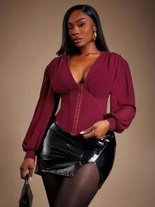 Radiana Plus Size Women's Chiffon Shoulder Ruched Waist Fishbone Black Shirt, Autumn/Winter New Arrival/Valentine's Day - Red - View 5