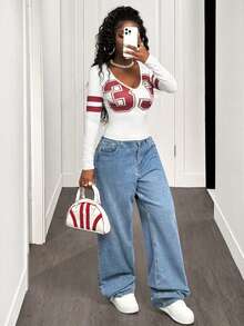 BamGleam Trendig randig t-shirt med numeriskt tryck för kvinnor, höst - Aprikos - Visa 7