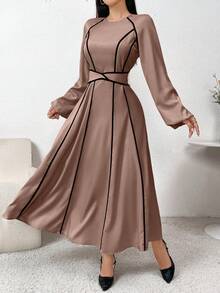 Modelyn 束腰蝴蝶结撞色滚边休闲时尚通勤派对连衣裙长款晚礼服 - 粉色 - 查看 5