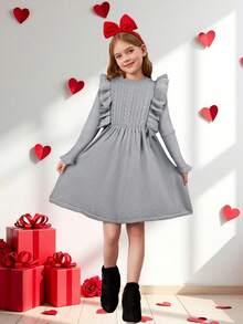 SHEIN Tween Girl Casual Knitted Jacquard Solid Color Ruffle Collar Long Sleeve Dress, Grey Dress, Suitable For Christmas, New Year Party, Preppy Style, Daily Wear - Grey - View 1