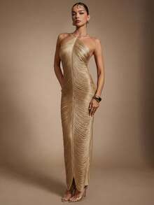 Hauture Women's Hanging Tassels Fringe Sexy Dress For Party With Gold Metal Decor - Apricot - View 4