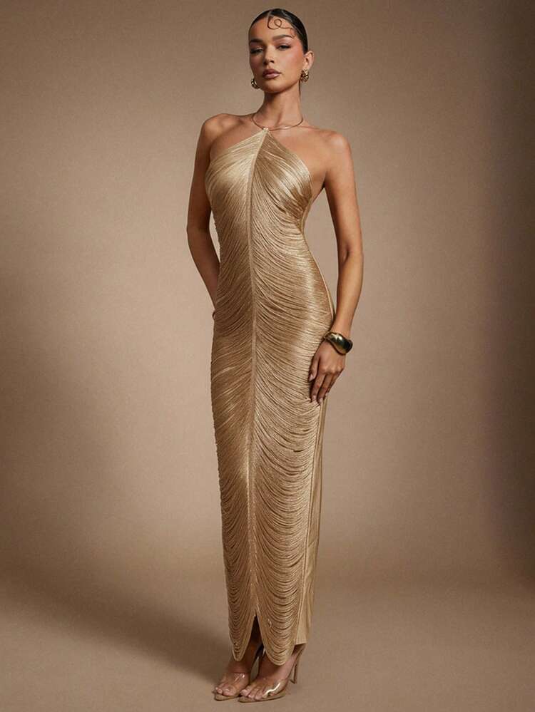 Hauture Vestido Sexy com Franjas Pendentes e Decoração de Metal Dourado para Festa - Damasco - Visão 4