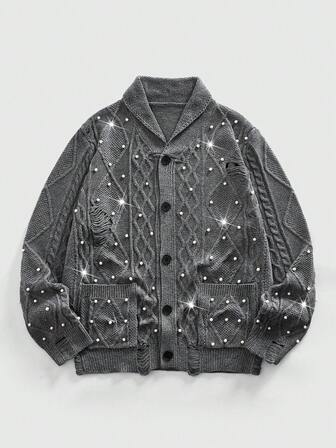 Street Life Men's Vintage Fashion Mandarin Collar Faux Pearl Embellished Patch Pocket Cable Knit Button-Front Cardigan, Autumn/Winter