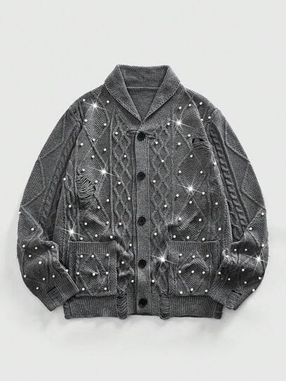 Street Life كارديجان رجالي كاجوال بياقة ماندرين مزين بخرز اصطناعي وجيب قطعة مطرزة، محبوك بالكابل، أزرار أمامية، خريف/شتاء