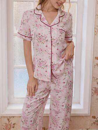 SHEIN Damen Rosa Blumen Muster Kragen Kurzarm Pyjama Set