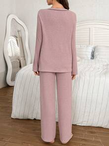 Moonlight&Mama 孕妇针织开衫、吊带背心和裤子三件套家居服套装，简约设计 - 粉色 - 查看 2