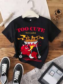 SHEIN HOT STUFF Young Girl Casual Everyday Commute Funny Cartoon Letter Graphic Short Sleeve Black T-Shirt - White - View 7