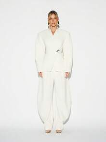 KIZN Shoulder Pad Balloon Sleeve Blazer With Metal Buckle Detail V-Neck Wrap Style Professional Office Jacket - White - View 4