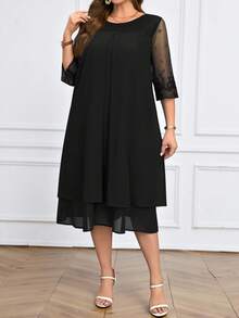 Miaspire 加大码蕾丝拼布圆领简约休闲优雅连衣裙女夏装朴素连衣裙婚礼宾客礼服女式蕾丝雪纺 - 黑色 - 查看 6