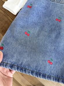 LMoss Kids 女婴樱桃图案蓝色休闲无袖牛仔背带裙 - 中等水洗藍 - 查看 9