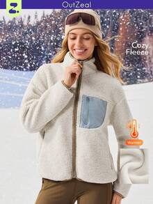 OutZeal 女士柔软保暖抓绒立领口袋拉链外套户外抓绒徒步露营秋冬季 - 米色 - 查看 11