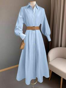 Franclia 女士优雅灯笼袖前开襟荷叶边下摆时尚连衣裙 - 藍色 - 查看 3