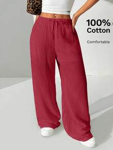 Quần vải cotton rộng rãi màu trơn thắt nút dành cho nữ - Màu Hồng Tươi - Xem 7