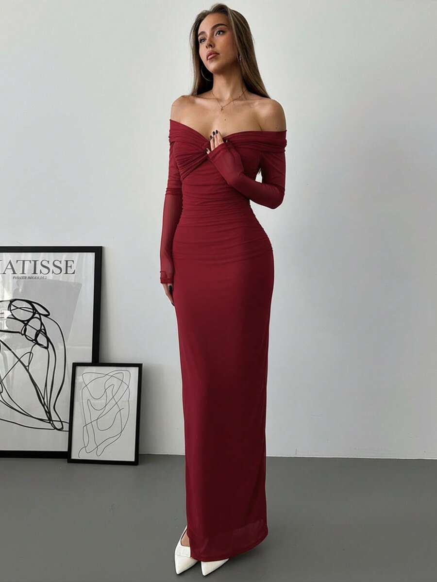 Aloruh Váy hẹn hò lãng mạn trễ vai phối lưới, thắt nút xoắn, chi tiết nhún bèo, tay dài - Màu Đỏ Sâu - Xem 1