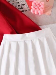 SHEIN Playful Pals 年轻女孩优雅甜美时尚休闲学院风撞色蝴蝶结抓绒卫衣和百褶迷你裙两件套，秋冬款 - 紅色 - 查看 7