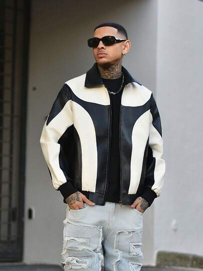 Devon Thys Men's Simple Contrast Color Casual Faux Leather Jacket, For Fall Winter