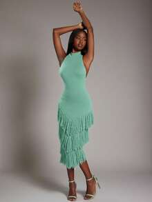 NYA SZN 无袖高领流苏修身罗纹针织连衣裙，弹力面料，适合特殊场合、度假、婚礼、外出、机场等，可爱复古风，秋冬季通勤皆宜，女士必备单品 - 淺藍色 - 查看 4