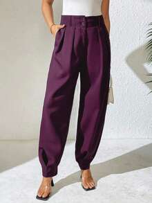 Xyvia Women's Elegant High Waist Double Button Decor Pleated Long Slim Pants, Casual, Spring/Autumn - Purple - View 5
