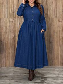 EMERY ROSE Plus Size Women Casual Elegant Washed Denim Dress - Dark Wash - View 5