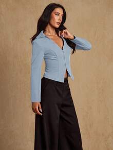 Glamine Elegant Minimalist Military Green Shirt Collar Open Front Button Down Long Sleeve Jacket For Women, Spring/Autumn Women Blouses Elegant Baby Blue Top Women Light Blue Top Business Casual Woman Top Sexy Blouses - Blue - View 5