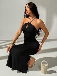 Rafferiza Đầm dự tiệc cocktail hở lưng đính ngọc trai cho nữ - màu đen - Xem 1