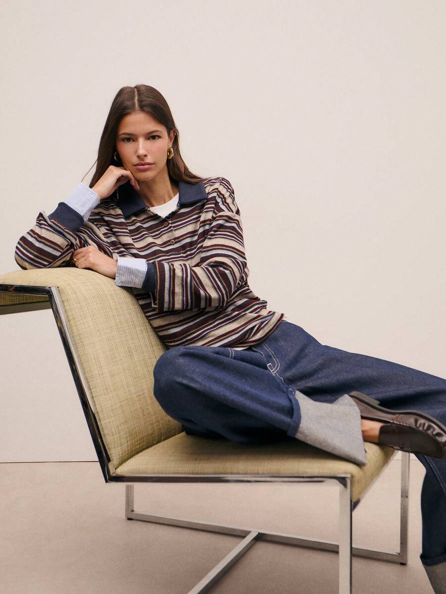 Nöista Áo polo dài tay kẻ sọc, chất liệu dệt kim mềm mại, độ dày vừa phải, mang đến cảm giác thoải mái và trẻ trung, hoàn hảo cho kỳ nghỉ xuân của phái nữ, những bộ trang phục ấm áp cuối tuần, phong cách thường ngày theo mùa, các buổi tụ họp sinh nhật và ngày Valentine trang trọng. - Màu xanh hải quân - Xem 1