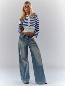 Glamine Women's Blue White Stripe Button-Up Knitted Long Sleeve Knit Top,Autumn Casual Back-To-School Cropped Nautical Sailor Preppy 70s Tops For School - Multicolor - View 2