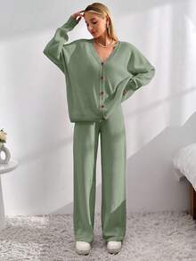 EURMUSE Drop Shoulder Cardigan & Tie Front Knit Pants - Mint Green - View 4