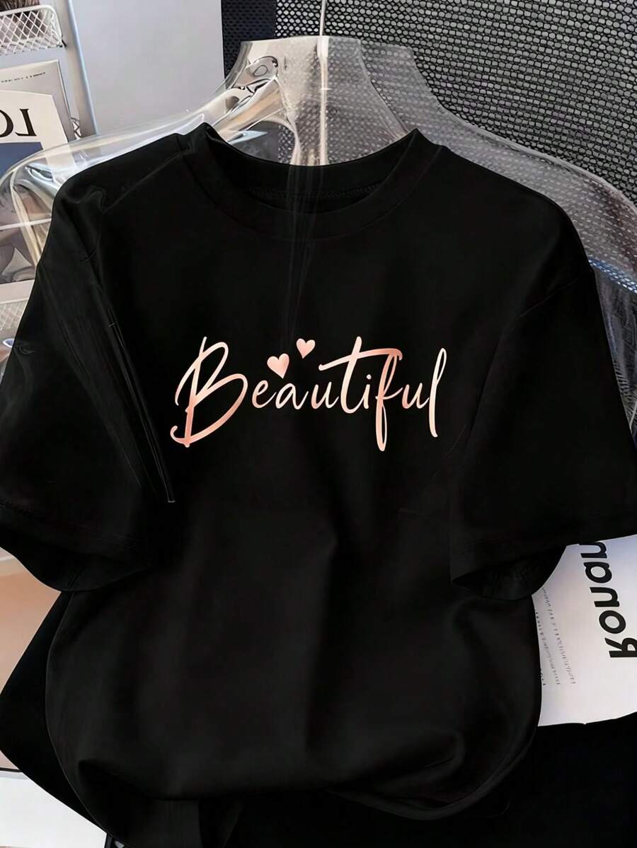 Resyla 女士休闲时尚修身针织套头印花短袖T恤 - 黑色 - 查看 1