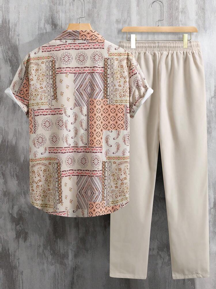 Manfinity RSRT 男士拼接印花短袖衬衫和抽绳腰裤休闲套装（2件套） - 彩色 - 查看 2