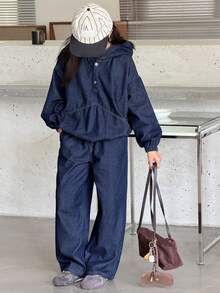 DAZY Tween Girl Drop Shoulder Button Half Placket Hoodie And Wide Leg Jeans Casual Suit - Blue - View 3