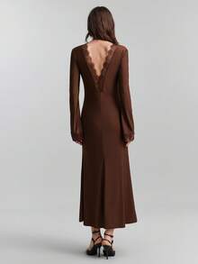 Ontre 女士棕色纹理高弹舒适面料露背蕾丝拼接V领露背前襟常规肩长袖美人鱼廓形复古邮轮度假风时尚都市休闲商务正式办公室连衣裙，优雅低调复古风格，高品质机场时尚，四季皆宜的美丽长裙，派对必备棕色长裙棕色婚礼宾客礼服棕色优雅连衣裙女士长袖优雅连衣裙棕色性感连衣裙情人节特别设计高端、优雅、复古 - 棕色 - 查看 4