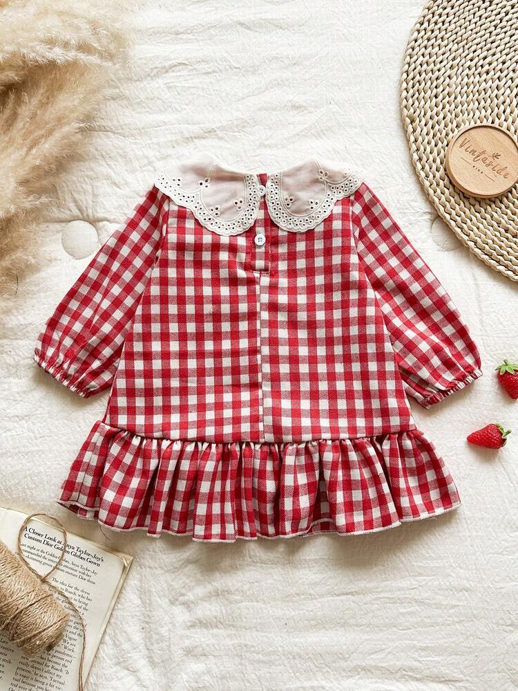 Vintaside Kids 女婴休闲可爱格子花卉图案3D草莓装饰荷叶边领长袖连衣裙，适合春、秋、冬三季室内外日常穿着 - 彩色 - 查看 2