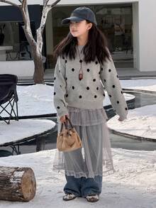 DAZY Tween Girls Round Neck Polka Dot Knit Sweater, Fall - Grey - View 1