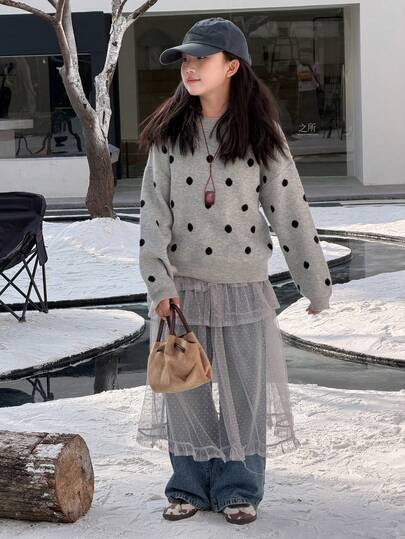 DAZY كنزة صوفية صوفية مُنقطة بياقة مستديرة للفتيات المراهقات، خريف