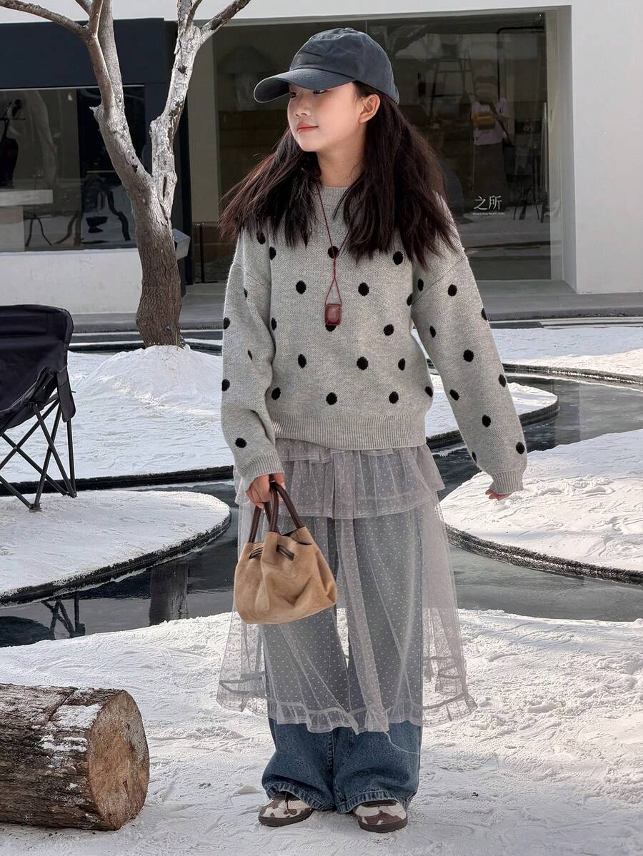 DAZY Tween Girls Round Neck Polka Dot Knit Sweater, Fall - Grey - View 1