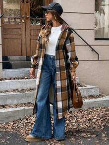 Siren Gaze 女士休闲学院风格子印花保暖连帽长外套，保暖撞色设计，适合日常通勤，秋冬季穿着 - 彩色 - 查看 5