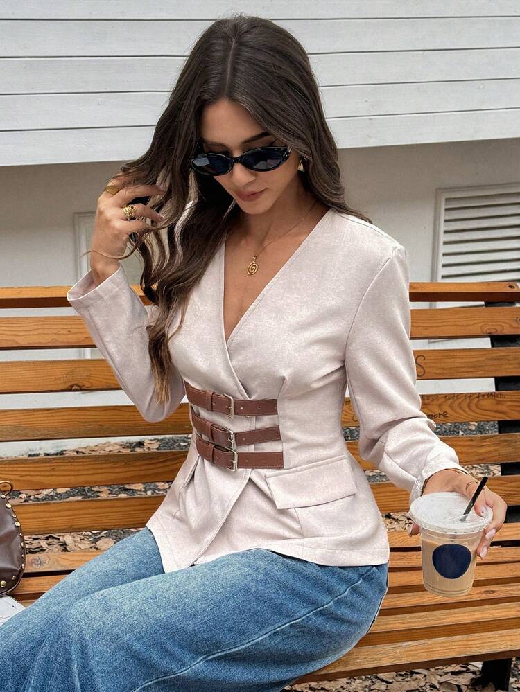 Siren Gaze Women's Solid Color Minimalist Casual Long Sleeve Blazer Winter Brown - Khaki - View 7