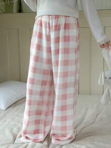 DAZY Tween Girl Plaid Pattern Elastic Waist Fluffy Wide Leg Pajama Pants, Autumn/Winter - Pink - View 6