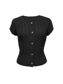 Chiquease 新款复古编织镂空设计单排扣针织上衣 - 黑色 - 查看 3